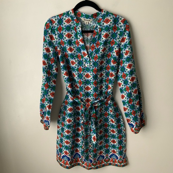 BODEN Cleo Linen Tie Waist Dress Ivory Amalfi Print Preppy Boho Red Blue Size 2 - Picture 3 of 13